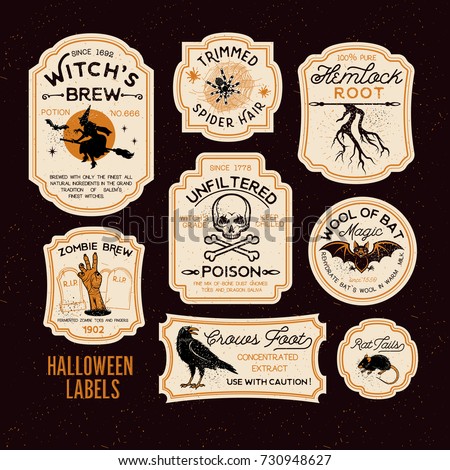  Halloween Bottle Labels & Potion Labels. Vector Illustration.