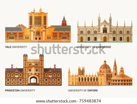 Best National Universities. Flat Buildings of Yale, Oxford, Cambridge   and Princeton .Vector Illustration. 