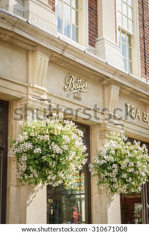 York,United Kingdom -August 6, 2015: Street view over Bettys Tea Rooms, York,UK. Bettys Tea Room are traditional tea rooms serving traditional meals with influences both from Switzerland and Yorkshire