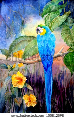 original art, watercolor painting of blue and gold parrot