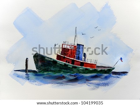original artwork, watercolor painting of boat on water