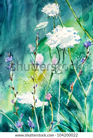 original art, watercolor painting of wildflowers, chicory and queen anne\'s lace