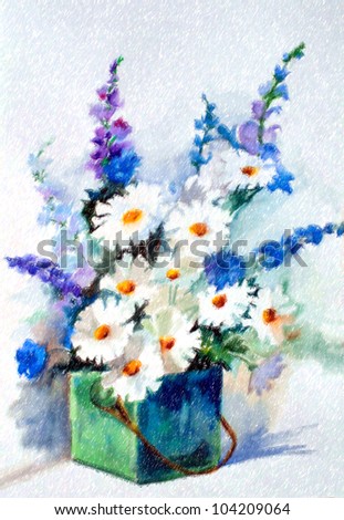 original artwork, pencil sketch of blue and white flowers in square container