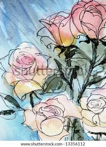 original watercolor painting of roses, with pen and ink outline