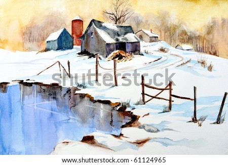 watercolor painting of winter scene with barn and pond