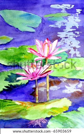 original watercolor painting of pink waterlilies and pads in pond