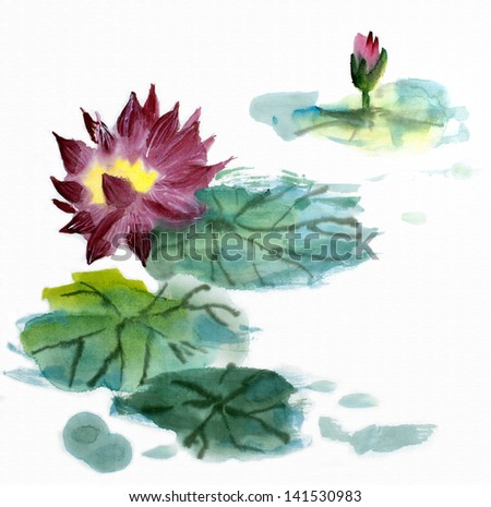 original art watercolor painting of oriental style red water lily and bud