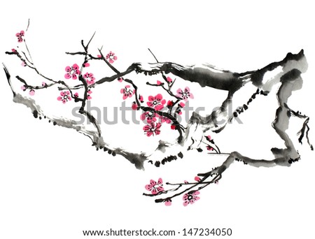 original art, watercolor painting of plum tree branch in bloom
