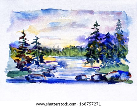 original art, watercolor painting of mountain forest landscape