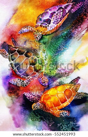 original art, watercolor painting of sea turtles in rainbow colors