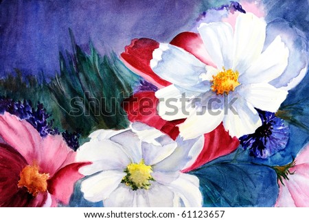 watercolor painting of cosmos flowers