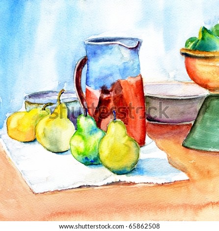 original watercolor painting of still life with pitcher and pears
