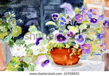original watercolor painting of pansies still life