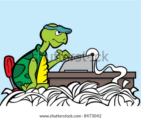 vector image of a turtle accountant working on an adding machine at tax time