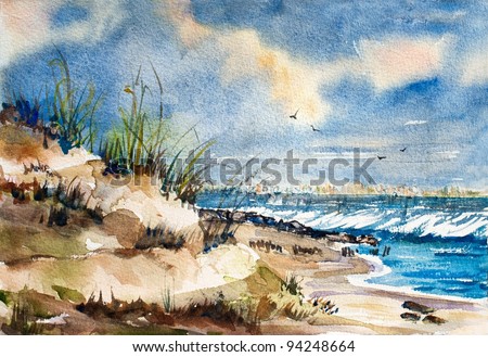 original watercolor art painting of the ocean, surf, and sand