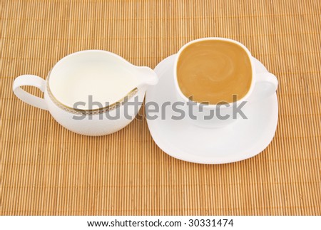 White cup of coffee and milk jug