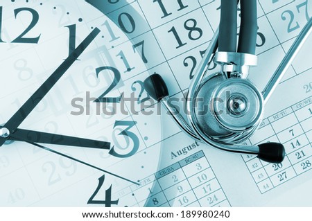 Regular medical examination concept, stethoscope on calendar and clock