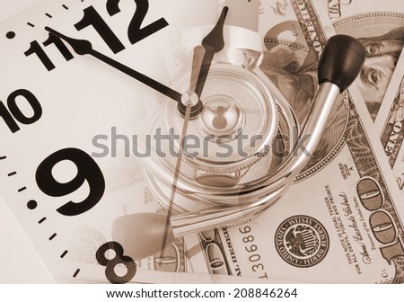 Stethoscope on dollar banknotes and clock, cost of healthcare concept