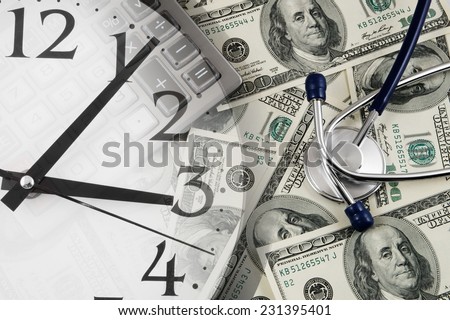 Stethoscope, calculator, clock and banknotes, cost of healthcare concept
