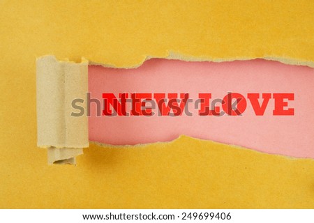 Torn yellow paper with pink background and words new love