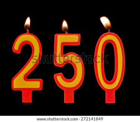 Birthday candles isolated on black background, number 250