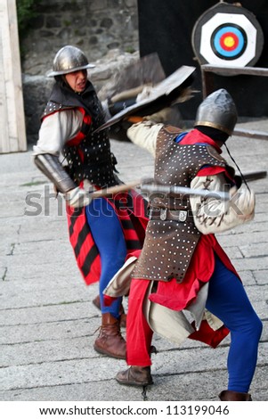 VISEGRAD HUNGARY - AUGUST 27: Knights taking part in tournament reconstruction in Visegrad castle on August 27, 2012 in Visegrad, Hungary