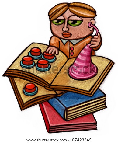 Digital illustration of a man an with an ear trumpet listening an open book with some buttons on the other page.