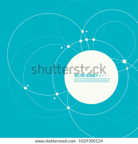 Vector abstract background with overlapping circles and dots. Chaotic motion. Round banner with empty space for text. Node molecule structure. Science and connection concept.