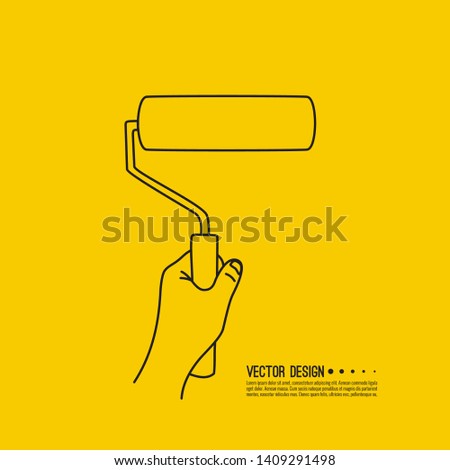 Hand holds the roller for the paint. Vector illustration in sketch style.