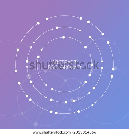 Vector abstract background with overlapping circles and dots. Chaotic motion. Round banner with empty space for text. Node molecule structure. Science and connection concept.
