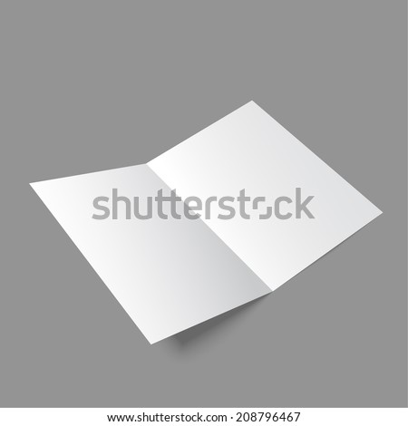 Lying  blank two fold paper brochure on gray background. Open magazine. Cover for your design