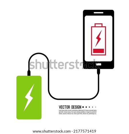 Vector abstract background with mobile phone charging. The USB cable is connected to a smartphone with a power bank.