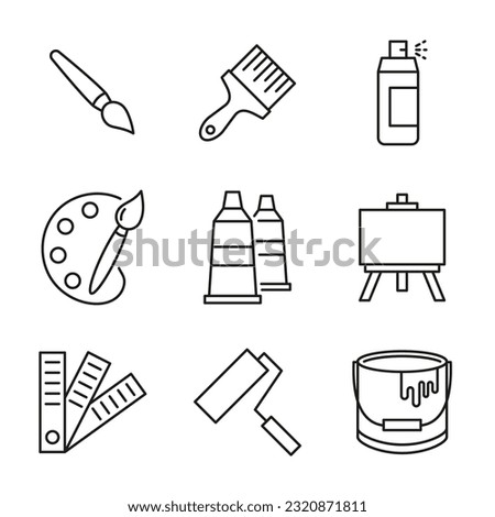 Vector set of icons related to drawing and brushes. Paint bucket symbol, palette, easel, paint roller in lineart style. Editable stroke.