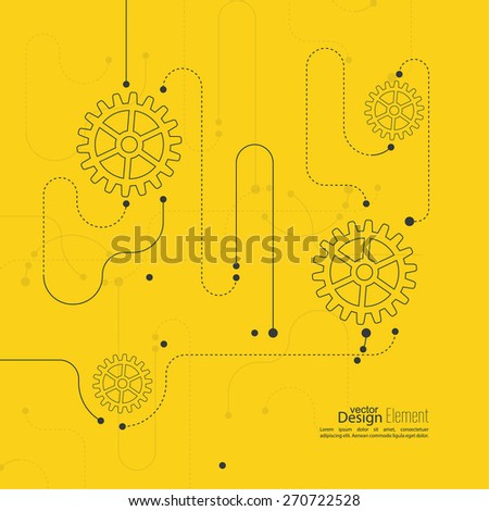 Abstract background with gear wheel, geometric shapes and dotted lines. schematic representation technical data. Concept of motion,  mechanics, connection and operation engineering design work. yellow