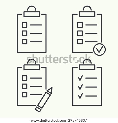 Set vector icons. clipboard with to do list and pencil. Lines with check boxes. 