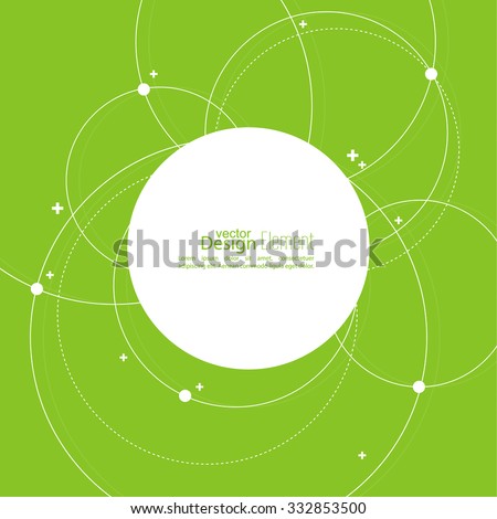 Abstract background with overlapping circles and dots. Chaotic motion. Round banner with empty space for text. Node molecule structure. Science and connection concept.