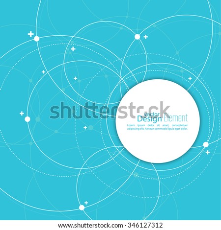 Abstract background with overlapping circles and dots. Chaotic motion. Round banner with empty space for text. Node molecule structure. Science and connection concept.