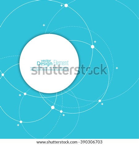 Abstract background with overlapping circles and dots. Chaotic motion. Round banner with empty space for text. Node molecule structure.