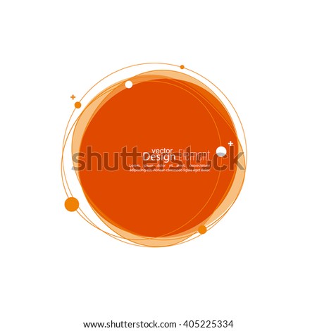 Abstract round banner with lines and particles and molecules. TechnoText box. red