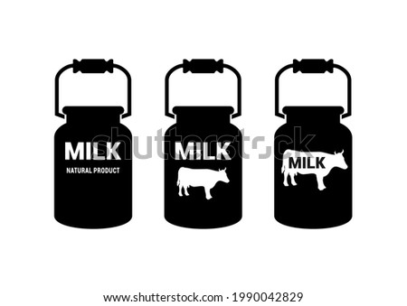 Silhouette milk can.  Milk cans with text for delivered dairy from cow to consumer. Retro milk jug.