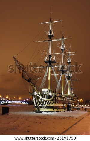 Sailing vessel in the winter river