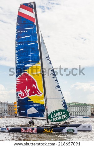 SAINT-PETERSBURG, RUSSIA - JUNE 28, 2014: Red Bull Sailing Team (AUT) yacht on Act 4 of the Extreme Sailing Series catamarans race on 26th-29th June 2014 in St. Petersburg