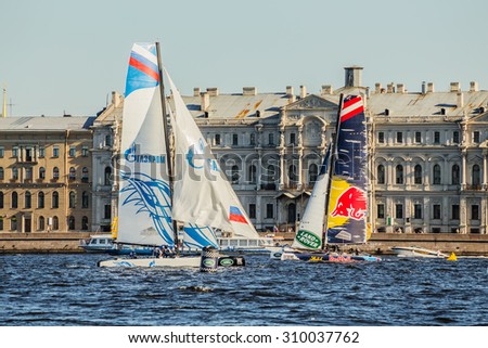 SAINT-PETERSBURG, RUSSIA - AUGUST 23, 2015: Gazprom Team Russia and Red Bull Sailing Team at Extreme Sailing Series Act 6 catamarans race on 20th-23th august 2015 in St. Petersburg, Russia
