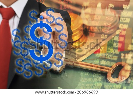 businessman drawing dollar sign on money concept background