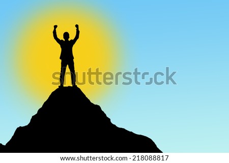 Silhouette of businessman hold up hands on the peak of mountain,success concept