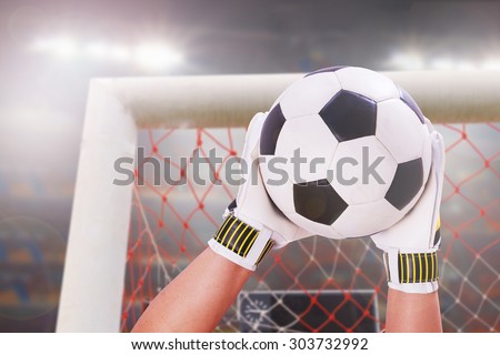closeup goalkeeper super save on stadium light