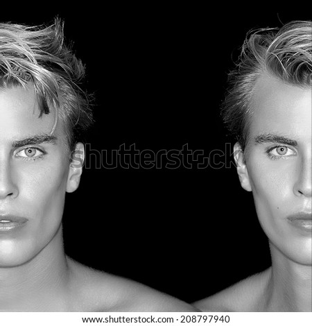 Two half faces of blond men on black background. Perfect skin. Skincare and haircare concept. Closeup portrait in black and white