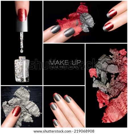 Makeup and nail art trend. Trendy manicure and make-up set. Five Isolated macro pictures over black background. Manicure and makeup concept. Eye shadows and nail polish in red and silver