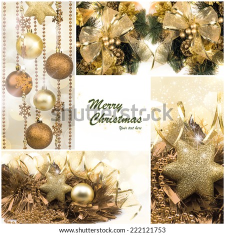 Christmas Set. Winter Holiday Gifts. Collage with Christmas decorations in gold and green. Four images with sample text. Merry Christmas and happy New Year