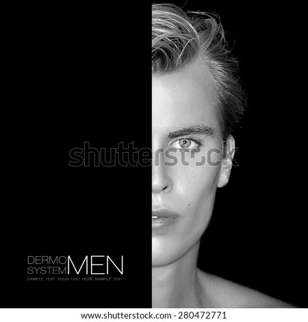 Men skin care concept. Handsome young man half face. Perfect skin. Monochrome Portrait isolated on black. Template design with sample text